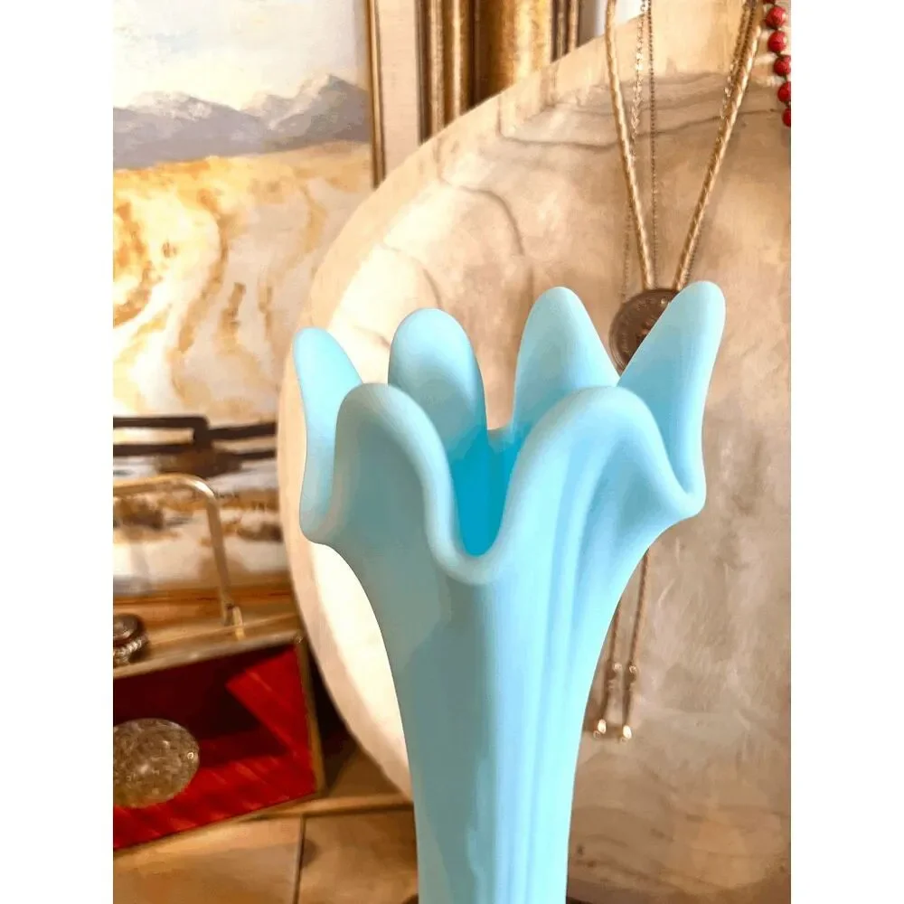 Vintage Fenton Stretch Swung Blue Satin Custard Milk Glass Diamond Pattern Vase